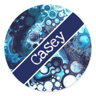 Personalized Blue and White Marble Fluid Art    Classic Round Sticker