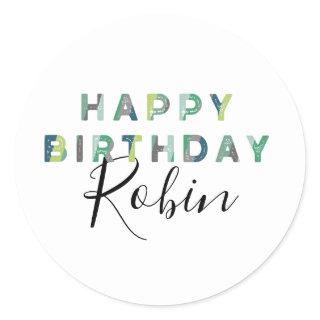 Personalized Blue Green Letters Happy Birthday Classic Round Sticker