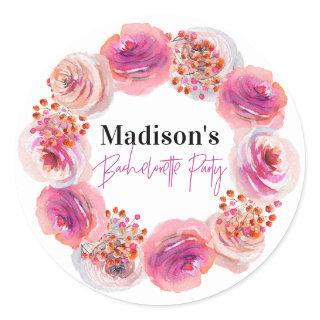 Personalized Bride Name Bachelorette Pink Floral Classic Round Sticker