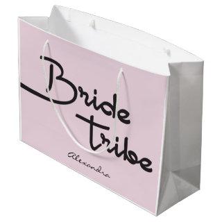 Personalized Bride Tribe script Pink black white Large Gift Bag