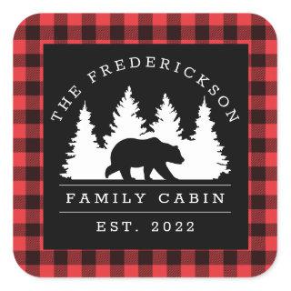Personalized Buffalo Plaid Bear Forest Cabin Square Sticker