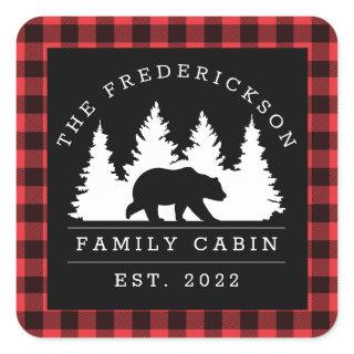 Personalized Buffalo Plaid Bear Forest Cabin Square Sticker