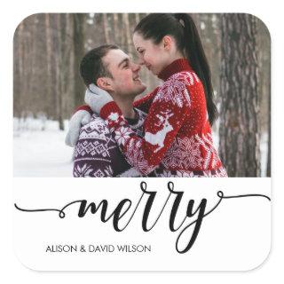 Personalized Calligraphy Merry Photo Holiday Square Sticker