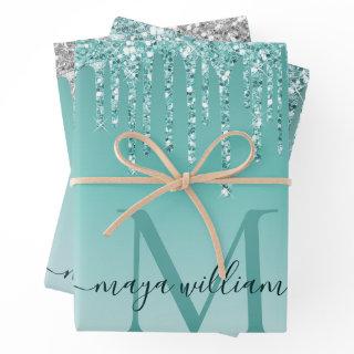 Personalized Chic Dusty Blue Glitter Drips Glam  Sheets
