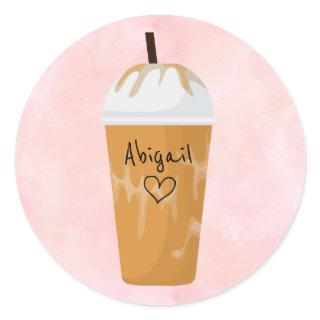 Personalized Chic Iced Coffee Trendy Pink Classic Round Sticker