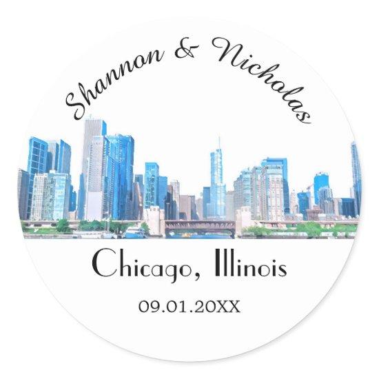 Personalized Chicago Skyline Wedding Classic Round Sticker