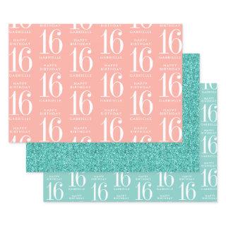 Personalized Coral Pink Turquoise Glitter Sweet 16  Sheets