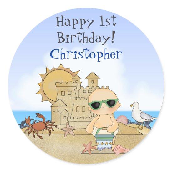 Personalized Cute Beach Baby Boy's 1st Birthday Classic Round Sticker