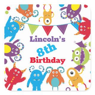Personalized Cute Monster Birthday Bash Party Square Sticker