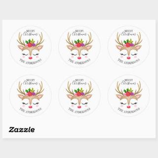 Personalized Cute Reindeer Christmas Classic Round Sticker