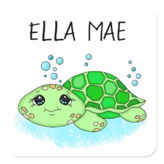 Personalized Cute Turtle Cartoon Name  Square Sticker