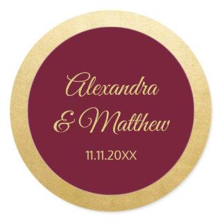 Personalized Elegant Burgundy Gold Wedding Classic Round Sticker