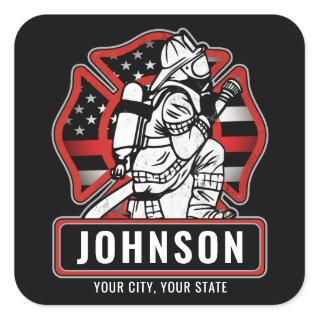 Personalized Firefighter Fire Dept Patriotic Flag  Square Sticker