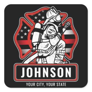 Personalized Firefighter Fire Dept Patriotic Flag  Square Sticker