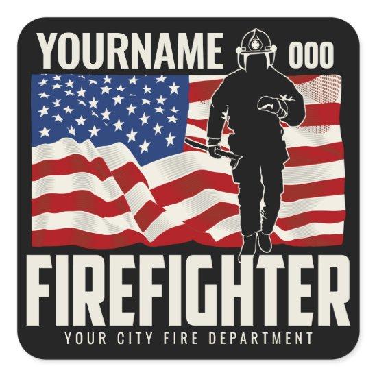 Personalized Firefighter Rescue USA Flag Patriotic Square Sticker