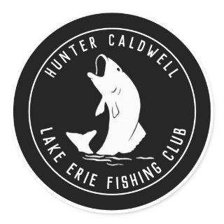 Personalized fishing emblem black classic round sticker