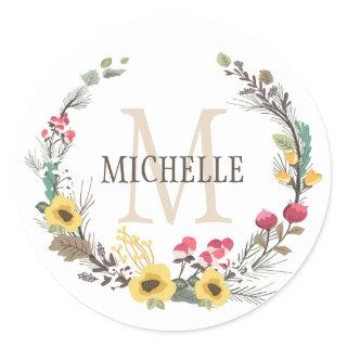 Personalized Floral Monogram Woodland Blossoms Classic Round Sticker