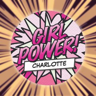Personalized GIRL POWER Fun Comic Book Pink Classic Round Sticker