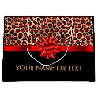 Personalized Gold Black Leopard  RED BOW Large Gift Bag