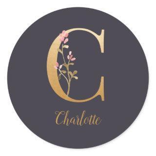 Personalized Gold Blue Elegant Floral Monogram C  Classic Round Sticker