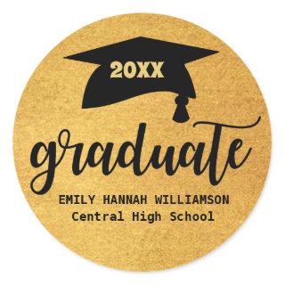 Personalized Gold Graduation Mortar Board Classic Round Sticker