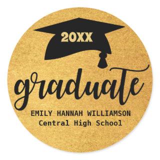 Personalized Gold Graduation Mortar Board Classic Round Sticker