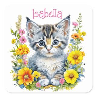 Personalized Gray Kitten and Flowers Watercolor Square Sticker