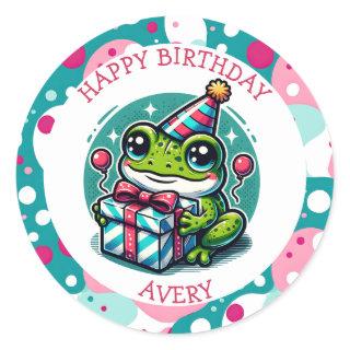 Personalized Happy Birthday Frog Themed   Classic Round Sticker