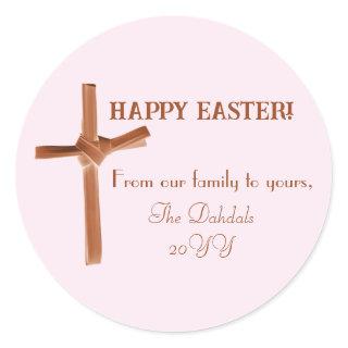 Personalized Happy Easter Palm Cross Brown Pink Classic Round Sticker