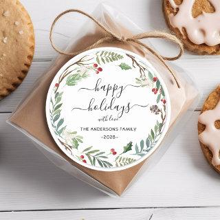 Personalized Happy Holidays watercolor wreath  Classic Round Sticker