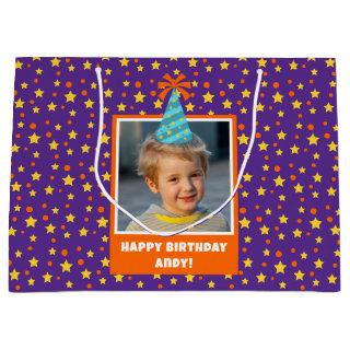 Personalized Kid Photo Happy Birthday w/ Blue Hat Large Gift Bag