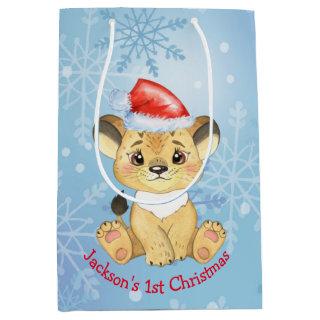 Personalized Lion 1st Christmas Baby Boy Blue  Medium Gift Bag