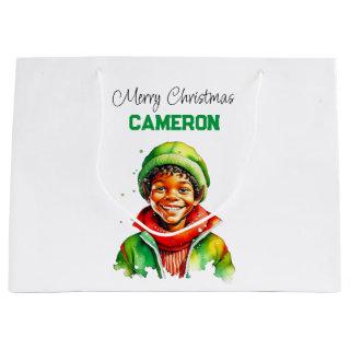 Personalized Little Vintage Boy Elf Christmas Large Gift Bag