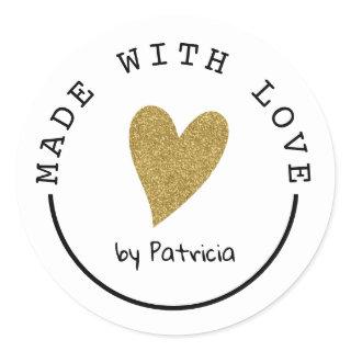 Personalized Made With Love Heart Gold Glitter Classic Round Sticker