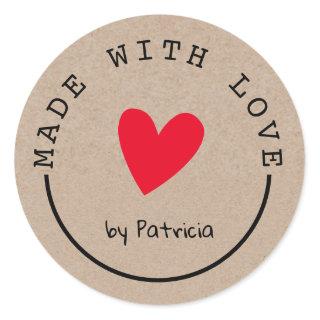 Personalized Made With Love Red Heart Kraft Classic Round Sticker
