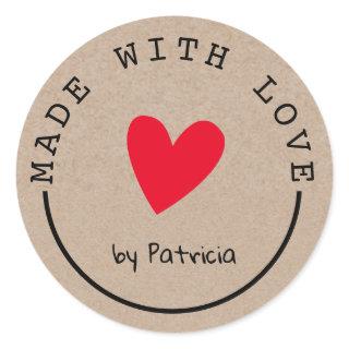 Personalized Made With Love Red Heart Kraft Classic Round Sticker