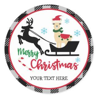 Personalized Merry Christmas Llama Santa Sleigh Classic Round Sticker