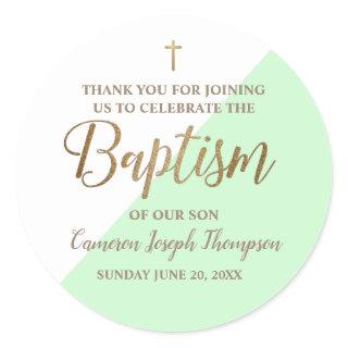 Personalized mint green Baby boy baptism thank you Classic Round Sticker