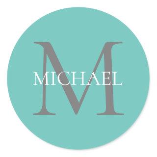 Personalized Monogram and Name Light Teal Classic Round Sticker