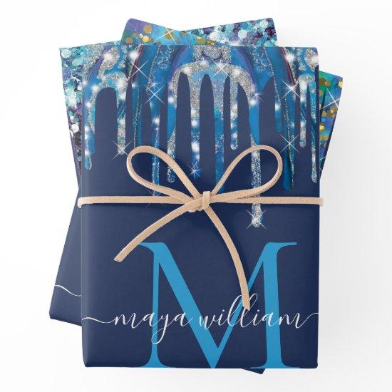 Personalized Monogram Novy Blue Glitter Drips   Sheets