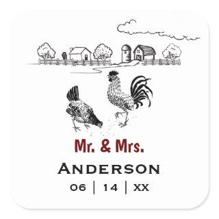 Personalized Mr and Mrs Chicken Farm Wedding Square Sticker