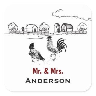Personalized Mr and Mrs Chicken Farm Wedding Square Sticker