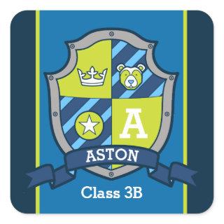 Personalized name bear knights shield school square sticker