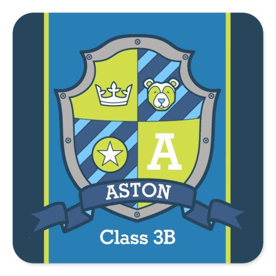 Personalized name bear knights shield school square sticker
