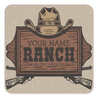 Personalized NAME Cowboy Guns Western Ranch Sign Square Sticker