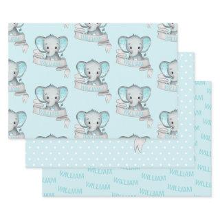 Personalized Name Elephant Baby Boy Blue Gray  Sheets