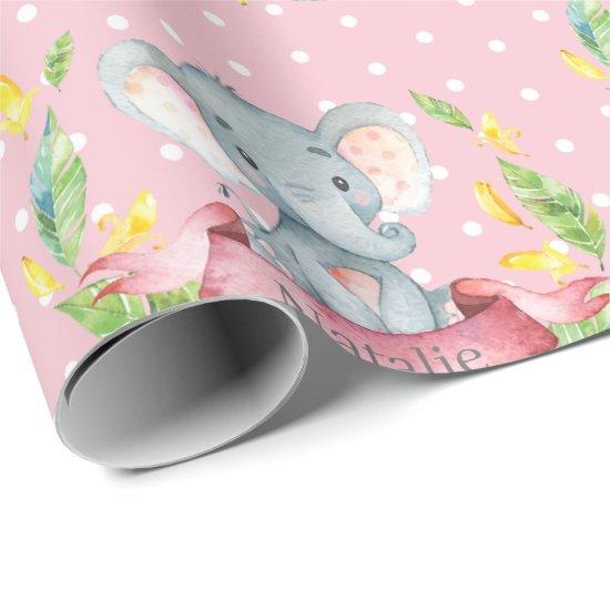 Personalized Name Elephant Baby Girl Pink and Gray