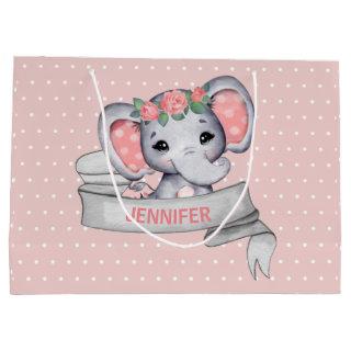 Personalized Name Elephant Baby Girl Pink & Gray Large Gift Bag
