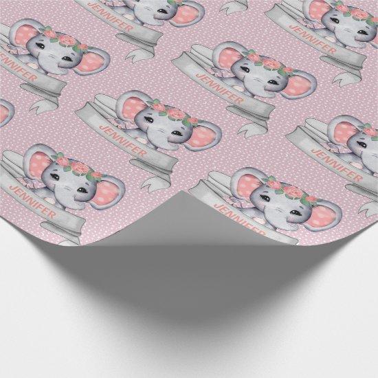 Personalized Name Elephant Baby Girl Pink & Gray W