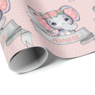 Personalized Name Elephant Baby Girl Pink & Gray